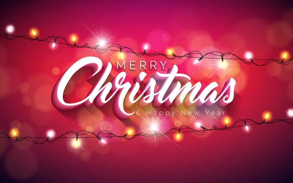 Ilustración de Navidad con luces de colores brillantes Guirnalda y elemento de tipografía 3d para tarjeta de felicitación, invitación a la fiesta o banner promocional . — Vector de stock