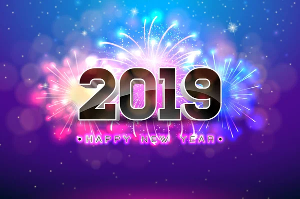 Frohes neues Jahr 2019 Illustration mit Feuerwerk und 3D-Nummer auf blauem Hintergrund. Vektor-Urlaubsdesign für Flyer, Grußkarte, Banner, Festplakat, Party-Einladung oder Kalender. — Stockvektor