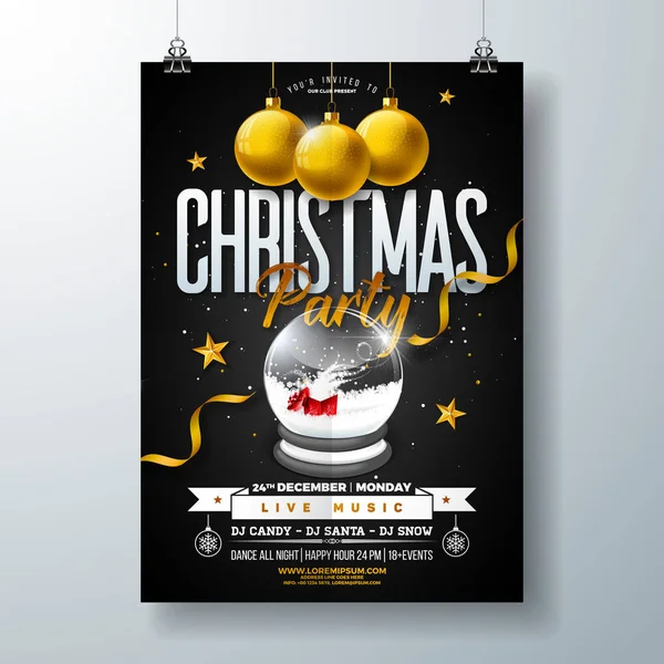 圣诞快乐派对传单设计与假日版式刻字, 雪球, 金星和装饰球在黑色背景。邀请或横幅的矢量庆祝海报设计模板 — 图库矢量图片