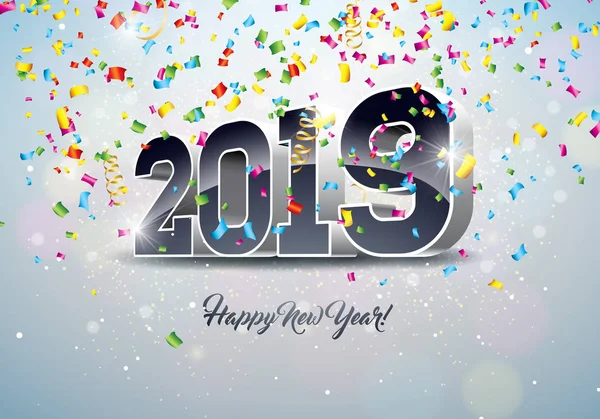 2019 Felice anno nuovo illustrazione con numero 3d e coriandoli cadenti su sfondo bianco. Design delle vacanze per volantini, biglietti di auguri, banner, poster per feste, inviti alle feste o calendari. — Vettoriale Stock