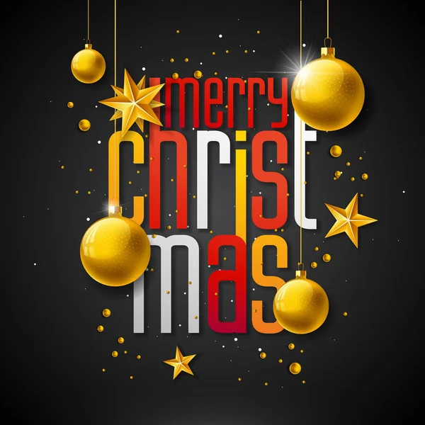 ゴールドのガラス玉、星黒背景上のタイポグラフィ要素とメリー クリスマス イラスト。グリーティング カード、パーティの招待状やプロモーション バナーのベクトル休日のデザイン. — ストックベクタ