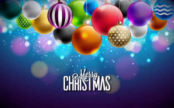 Feliz Navidad Ilustración con bolas decorativas multicolores sobre fondo púrpura brillante. Diseño feliz año nuevo del vector para la tarjeta de felicitación, el cartel o la bandera. — Archivo Imágenes Vectoriales