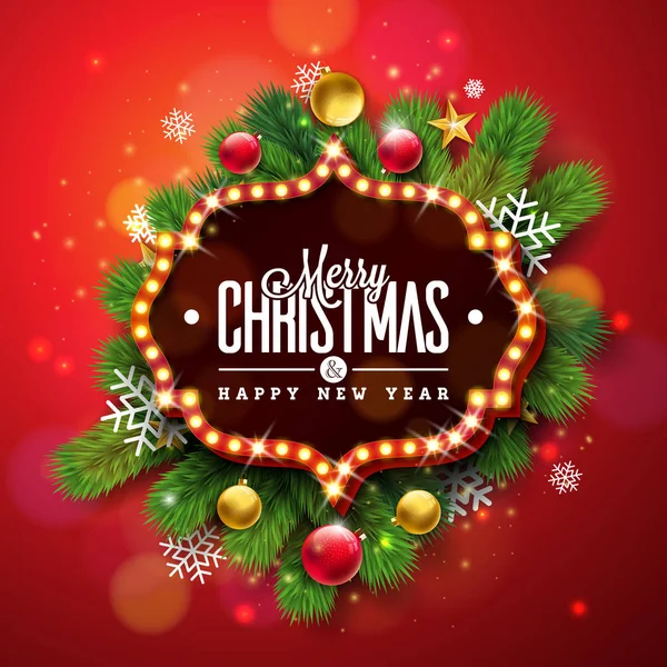 メリー クリスマスと幸せな新年イラスト光看板と赤い背景の上の松の枝。グリーティング カード、パーティの招待状やプロモーション バナーのベクトル休日のデザイン. — ストックベクタ