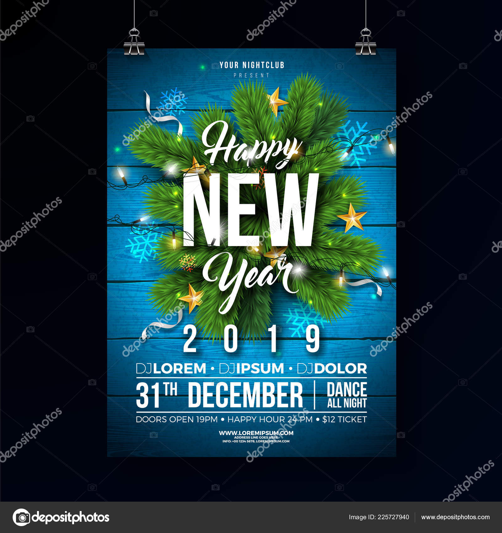 Vettoriale stockCapodanno 2019 Festa Celebrazione Poster Template  Illustrazione con ramo di pino e ghirlanda di luci su sfondo texture in  legno. Volantino o banner promozionale per inviti premium per vacanze  vettoriali ., image size:1600x1700