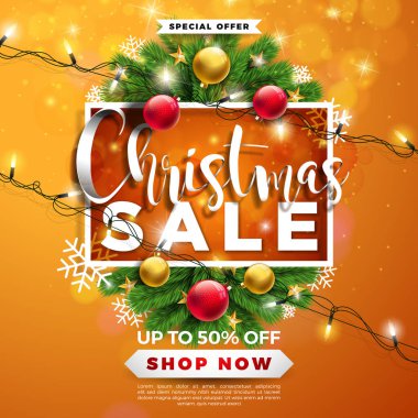 Noel satış tasarım ile süs topu ve çam dalı turuncu zemin üzerine. Kupon, fiş, afiş, el ilanı, promosyon için özel indirim Tipografi elemanları ile tatil vektör çizim