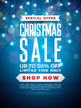 Işık ampul Garland ve mavi arka plan üzerinde yazı ile tasarım Noel satış. Kupon, fiş, afiş, el ilanı, promosyon için özel indirim Tipografi elemanları ile tatil vektör çizim