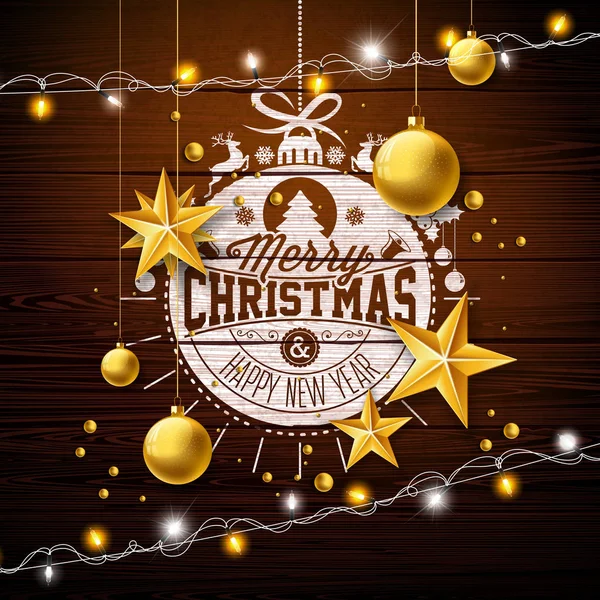 ゴールド グラス ボール、ライト ガーランド ヴィンテージの木製の背景上のタイポグラフィの要素とメリー クリスマス イラスト。グリーティング カード、パーティの招待状やプロモーション バナーのベクトル休日のデザイン. — ストックベクタ