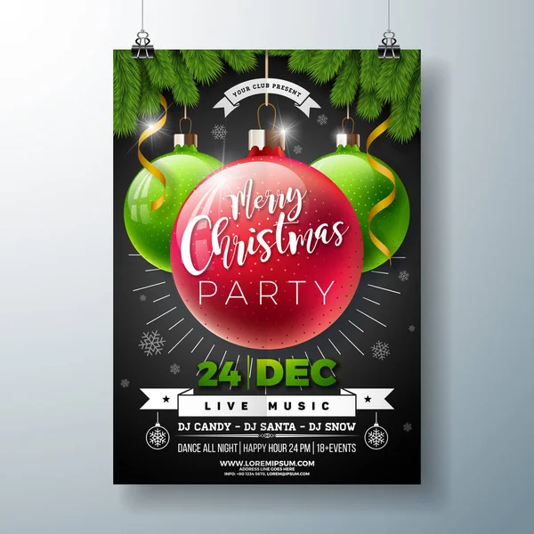 Weihnachtsfeier Flyer Illustration mit glänzender Glaskugel und Tannenzweig auf schwarzem Hintergrund. Vektor Feiertag Poster Design-Vorlage für Einladung oder Banner. — Stockvektor