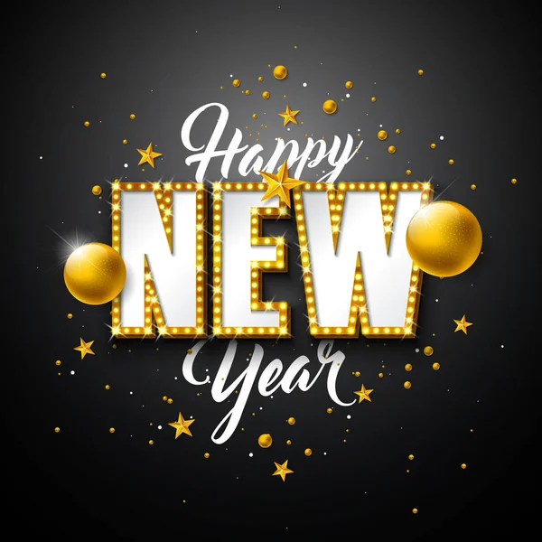 2019 happy New Year illustratie met 3d typografie belettering en kerst bal op zwarte achtergrond. Vakantie design met glanzende heldere verlichting voor viering poster, flyer, wenskaart, banner — Stockvector