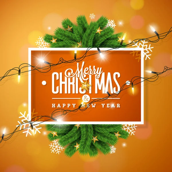 Feliz Navidad Ilustración sobre fondo naranja con tipografía y guirnalda de luz navideña, rama de pino, copos de nieve y bola ornamental. Vector Feliz Año Nuevo Diseño. — Vector de stock