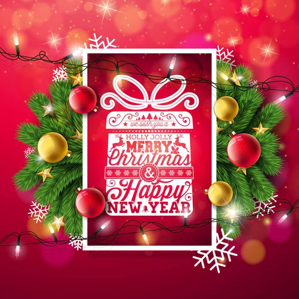 Feliz Navidad ilustración con tipografía y luz navideña guirnalda, rama de pino, copos de nieve y bola ornamental sobre fondo rojo. Vector Feliz Año Nuevo Diseño . — Vector de stock