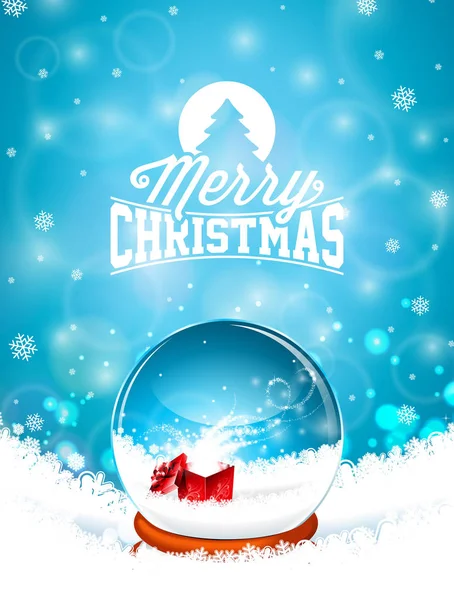 Feliz Navidad ilustración con bola de nieve y copos de nieve en el fondo del paisaje de invierno. Diseño de vacaciones vectorial para tarjeta de felicitación, invitación de fiesta o banner promocional . — Vector de stock