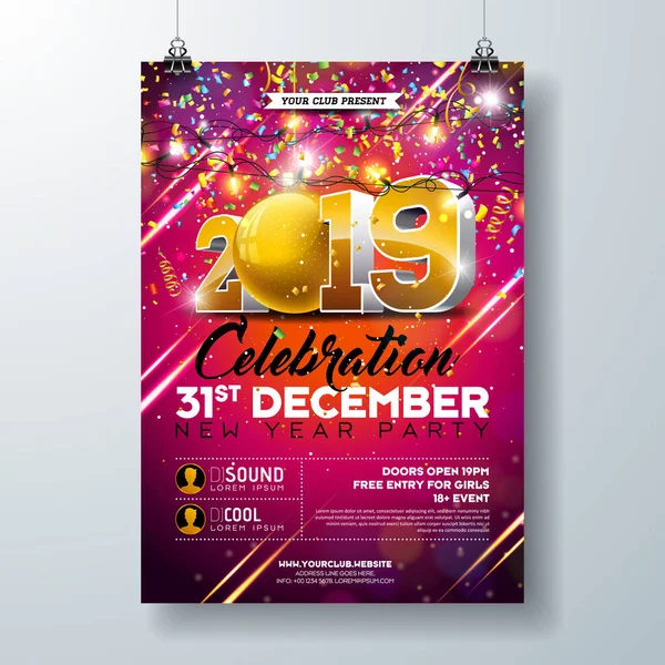 Afbeelding van de sjabloon van de Poster van de viering van Nieuwjaar leverancier met 3D-2019 nummer en kleurrijke Confetti vallen op rode achtergrond. Folder voor de uitnodiging van vector vakantie-Premium of Promo Banner. — Stockvector