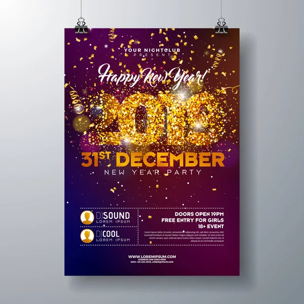 2019 νέο έτος κόμμα γιορτή αφίσα πρότυπο εικονογράφηση με χρυσό αριθμό έλαμπαν και πολύχρωμα κομφετί που πέφτουν σε γυαλιστερό φόντο. Φέιγ βολάν πρόσκλησης σε Premium διάνυσμα διακοπών ή Promo Banner. — Διανυσματικό Αρχείο