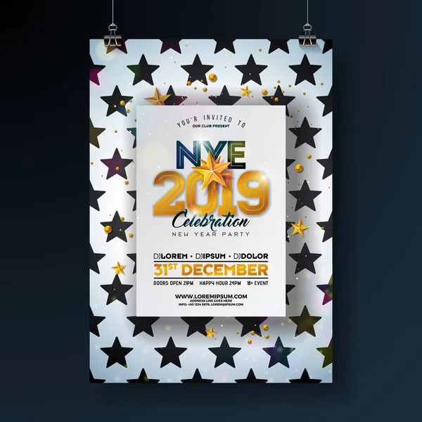 2018 New Year Party Celebration Poster Template Illustration with Shiny Gold Number on Abstract Fekete-fehér háttér. Vector Holiday Premium meghívó szórólap vagy Promo Banner. — Stock Vector