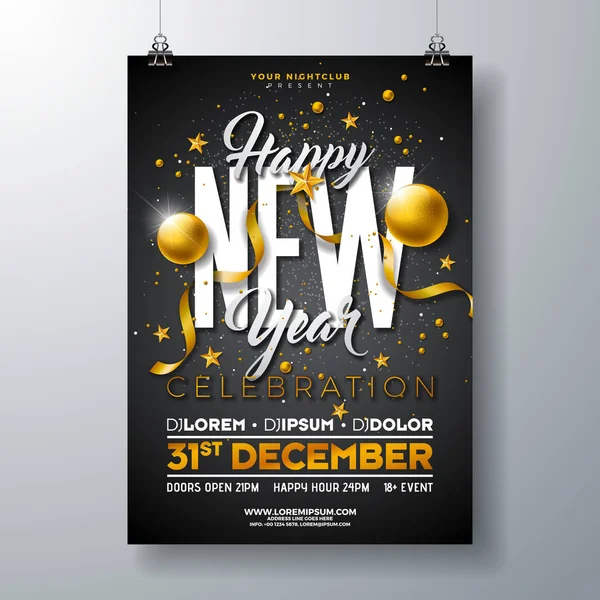 Happy New Year Party feest Poster sjabloon illustratie met gouden glazen bal en typografie Design op zwarte achtergrond. Folder voor de uitnodiging van vector vakantie-Premium of Promo Banner. — Stockvector