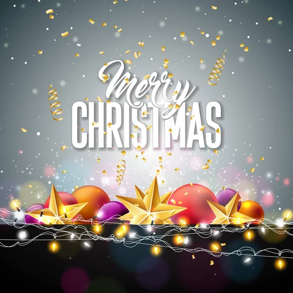 Frohe Weihnachten Illustration mit Goldstern, Glaskugel, Lichtergirlanden und fallendem Konfetti auf weißem Hintergrund. Vektor-Urlaubsdesign für Grußkarte, Party-Einladung oder Promo-Banner. — Stockvektor