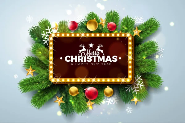 Frohe Weihnachten und ein gutes neues Jahr Illustration mit Leuchttafel und Tannenzweig auf hellem Hintergrund. Vektor-Urlaubsdesign für Grußkarte, Party-Einladung oder Promo-Banner. — Stockvektor