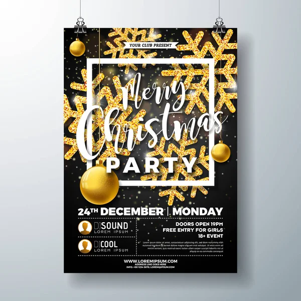 Christmas Party Flyer Illustration med glänsande guld glittrade snöflingorna och glaskula på svart bakgrund. Vector semester firande affisch designmall för inbjudan eller Banner. — Stock vektor