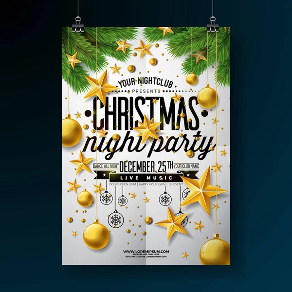 Christmas Party Flyer Illustration med guldstjärna, glaskula och typografi bokstäver på vit bakgrund. Vector firande affisch designmall för inbjudan eller Banner. — Stock vektor