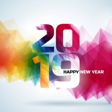 2019 happy New Year illüstrasyon parlak renkli arka plan üzerinde tipografi numarası ile. El ilanı, tebrik kartı, afiş, kutlama poster, yeni yıl eğlencesi daveti veya takvim için tatil tasarım vektör.