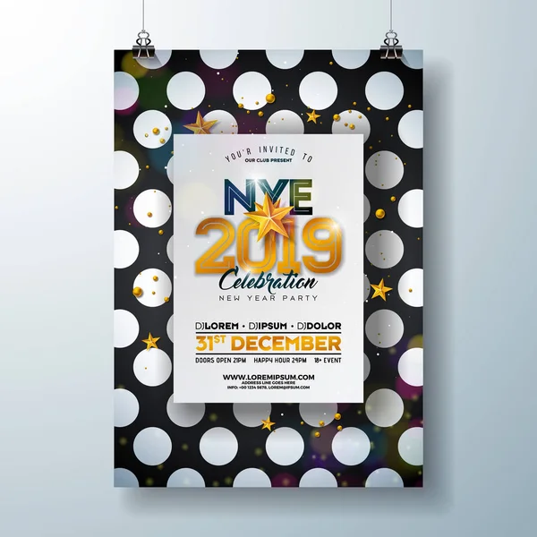 2018 New Year Party Celebration Poster Template Illustration with Shiny Gold Number on Abstract Fekete-fehér háttér. Vector Holiday Premium meghívó szórólap vagy Promo Banner. — Stock Vector