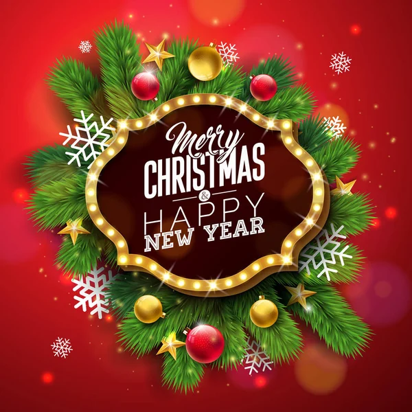 Frohe Weihnachten und ein glückliches neues Jahr Illustration mit Leuchttafel und Kiefernzweig auf rotem Hintergrund. Vector Holiday Design für Grußkarte, Party-Einladung oder Werbebanner. — Stockvektor