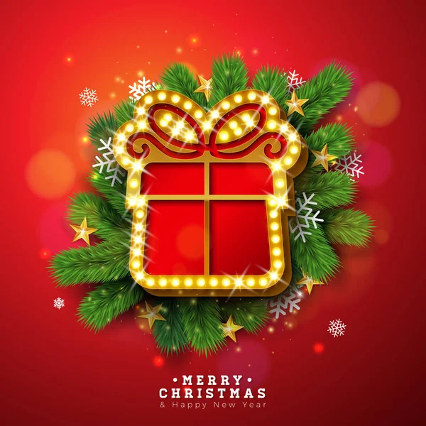 Prettige kerstdagen en gelukkig Nieuwjaar illustratie met lichte teken boord en Pine tak op rode achtergrond. Vector vakantie ontwerp voor de wenskaart, uitnodiging voor feest of Promo Banner. — Stockvector