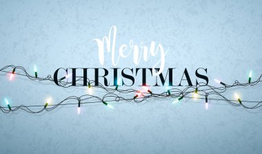 Xmas Tatili için Parlayan Renkli Işıklar Çelengi ve Parlak Mavi Arkaplanda Yeni Yıl Kutlama Kartları Tasarımı.