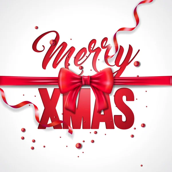 Merry Christmas illustratie met rode boog lint, Serpentine en typografie elementen op witte achtergrond. Vector vakantie ontwerp voor de wenskaart, uitnodiging voor feest of Promo Banner. — Stockvector