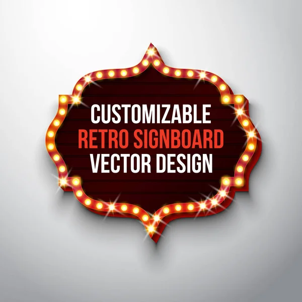 Letrero retro vectorial o ilustración lightbox con diseño personalizable sobre fondo limpio. Banner de luz o cartelera brillante vintage para publicidad o su proyecto. Espectáculo, eventos nocturnos, cine o — Vector de stock