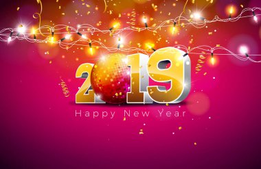 2019 happy New Year illüstrasyon ile 3d altın sayı, disko topu ve ışıklar garland menekşe arka plan üzerinde. Tatil el ilanı, tebrik kartı, afiş, kutlama poster, yeni yıl eğlencesi daveti için tasarım veya