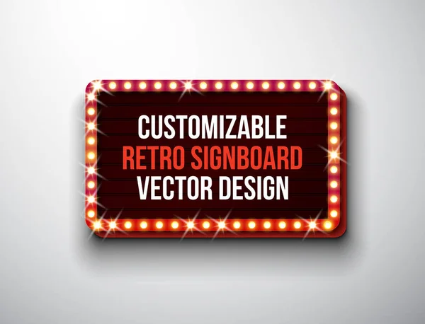 Vektorové retro vývěsní štít nebo lightbox ilustrace s přizpůsobitelné design na světlém pozadí. Světelný nápis nebo vintage světlé billboard pro váš projekt nebo reklamu. Ukázat, noční akce, kino nebo — Stockový vektor