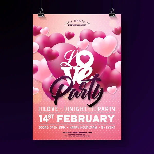 Vector Valentines Day Party Flyer Design avec typographie et coeur de ballon sur fond rose. Modèle d'affiche de célébration de l'amour pour carte d'invitation ou de voeux . — Image vectorielle