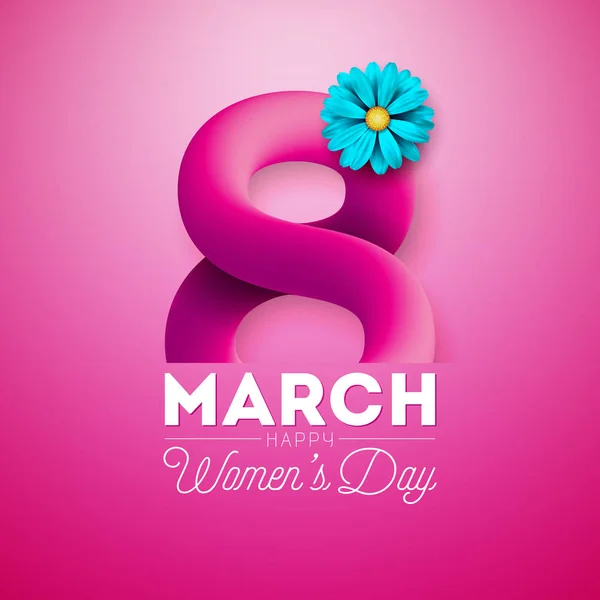 Happy Womens Day Floral Greeting Card Design. International Female Holiday Illustration with Flower and 3d Eight Letter on Pink Background. Vector International 8 March Template. — Stock Vector