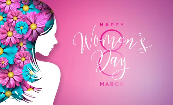 Ευτυχισμένη ημέρα γυναικών Floral ευχετήρια κάρτα για το σχεδιασμό. Διεθνή γυναικεία διακοπών εικονογράφηση με γυναίκες σιλουέτα, λουλούδι και τυπογραφία επιστολή σχεδιασμού σε ροζ φόντο. Διάνυσμα διεθνές 8 Μαρτίου — Διανυσματικό Αρχείο
