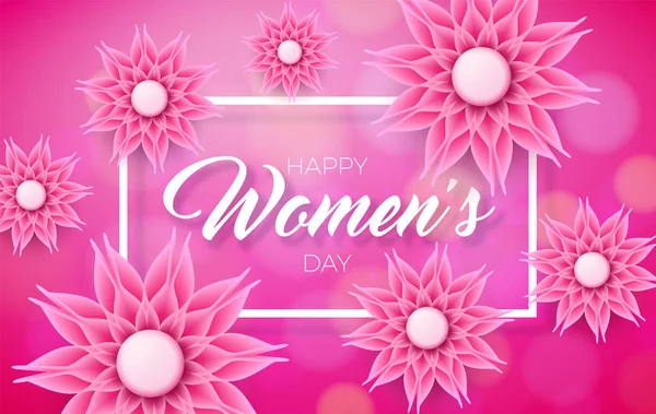 Happy Womens Day Floral Greeting Card Design. International Female Holiday Illustration with Abstravt Flower and Typography Letter on Pink Background. Vector International 8 March Template. — Stock Vector