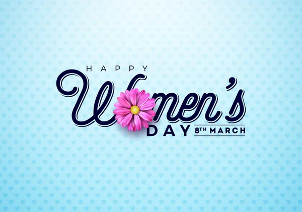 Ευτυχής ημέρα γυναικών Floral Χαιρετισμός κάρτα. Διεθνής αργία εικονογράφηση με λουλούδι και τυπογραφίας σε μπλε φόντο. Το πρότυπο διάνυσμα άνοιξη 8 Μαρτίου γιορτή. — Διανυσματικό Αρχείο