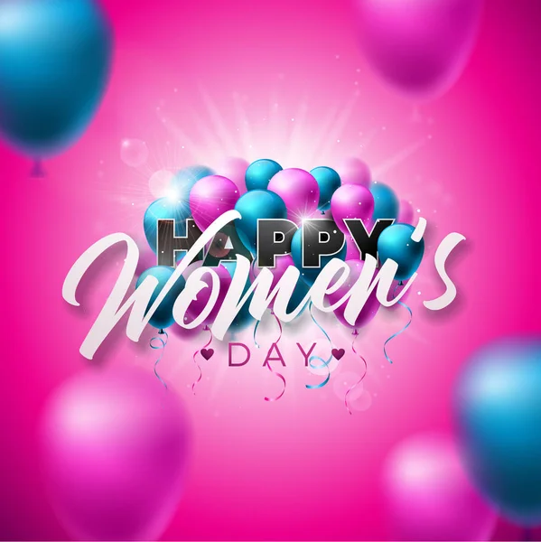 Glückliche Glückwunschkarte zum Frauentag. Internationale Feiertagsillustration mit Luftballons und Typografie-Design auf rosa Hintergrund. Vektor Frühling 8. März Feier Vorlage. — Stockvektor