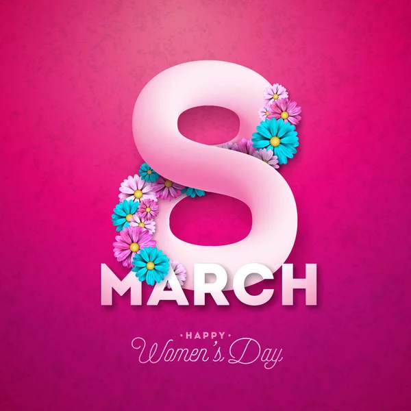 8 Μαρτίου. Χαρούμενη Ημέρα της Γυναίκας Floral Ευχετήρια κάρτα. Διεθνής απεικόνιση διακοπών με το σχέδιο λουλουδιών σε ροζ φόντο. Πρότυπο διανύσματος άνοιξη. — Διανυσματικό Αρχείο