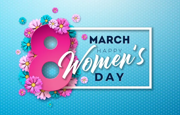 8 martie. Happy Womens Day Felicitări florale. Ilustrație internațională de vacanță cu design de flori pe fundal albastru. Vector de primăvară șablon de sărbătoare . — Vector de stoc