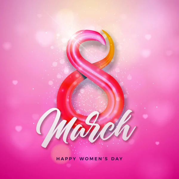 8 Μαρτίου. Ευτυχισμένη ημέρα Womens σχεδιασμού ευχετήρια κάρτα. Διεθνή γυναικεία διακοπών εικονογράφηση με 3d πολύχρωμο αριθμό οκτώ στο λαμπερό ροζ φόντο. Διεθνή εορτασμό πρότυπο διάνυσμα. — Διανυσματικό Αρχείο