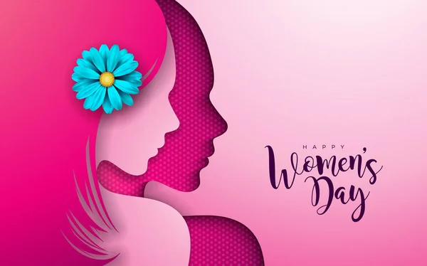8 Μαρτίου. Γυναικών μέρα σχεδιασμού ευχετήρια κάρτα με νεαρή γυναίκα σιλουέτα και λουλούδι. Εικονογράφηση διεθνή γυναικεία διακοπών με την τυπογραφία επιστολή σε ροζ φόντο. Πρότυπο διάνυσμα Calebration. — Διανυσματικό Αρχείο
