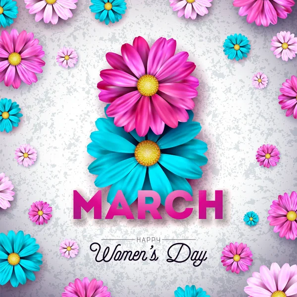 8 martie. Happy Womens Day Felicitări florale. Ilustrație internațională de vacanță cu design de flori pe fundal alb. Vector șablon de primăvară . — Vector de stoc