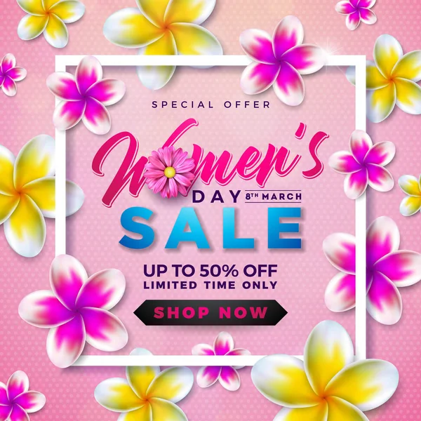 Womens Day Sale design met mooie kleurrijke bloem op roze achtergrond. Vector Floral illustratie sjabloon voor Coupon, Banner, Voucher of promotie-Poster. — Stockvector