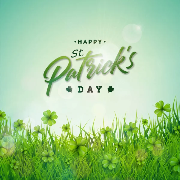 Saint Patricks Day Illustration med gröna klöver fält på blå himmel bakgrund. Irish Lucky Holiday Vector Design för gratulationskort, Party Inbjudan eller Promo Banner. — Stock vektor