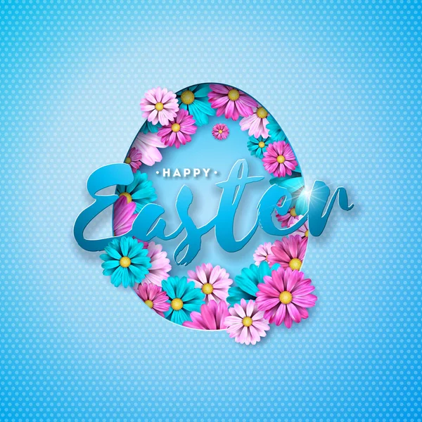 Векторні ілюстрації щасливого Великодня з барвистим квітковим і паперовим різанням яєць символ на блискучому синьому фоні. Міжнародний дизайн святкування з типографією для вітальних листівок, партія — стоковий вектор