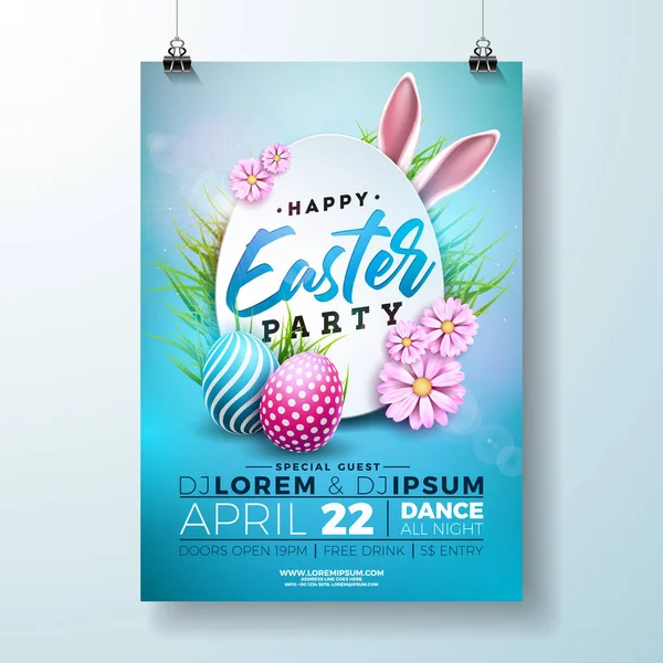 Pasen partij Flyer vectorillustratie met beschilderde eieren, oren van het konijn en bloem op natuur blauwe achtergrond. Lente de ontwerpsjabloon van de poster van de viering van vakantie. — Stockvector