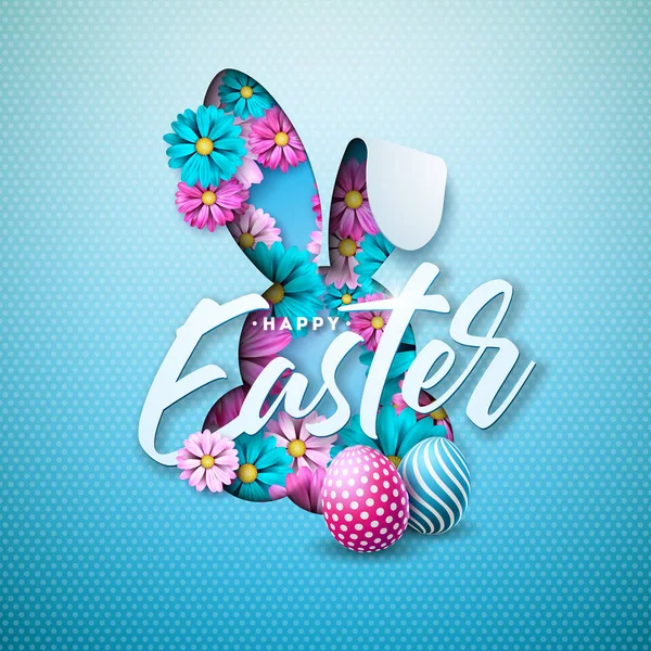 Mutlu Paskalya tatil boyalı yumurta, güzel tavşan yüzü siluet açık mavi renkli üzerinde bahar çiçek tasarım. Uluslararası kutlama tasarım tipografi mektup ile vektör çizim — Stok Vektör