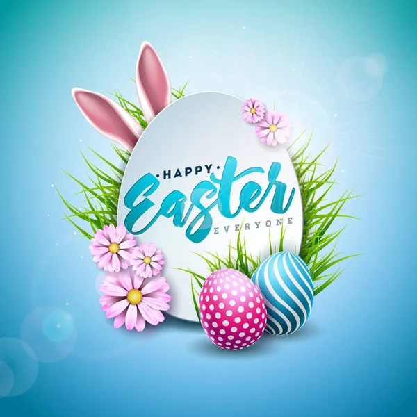 Ilustracja wektorowa wakacje wielkanocne jajko malowane, uszy królika i Wiosenny kwiat na błyszczące niebieskie tło. Międzynarodowe celebracja z typografii dla karty z pozdrowieniami, Party — Wektor stockowy
